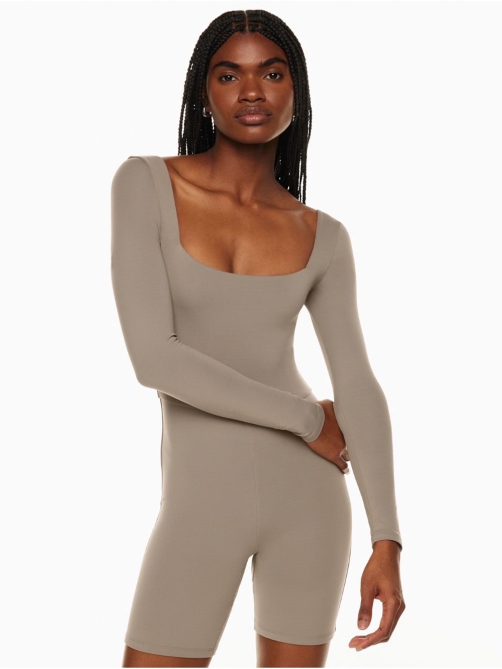 Aritzia Babaton Contour Square Neck Long Sleeve Romper in a solid taupe colorEUC